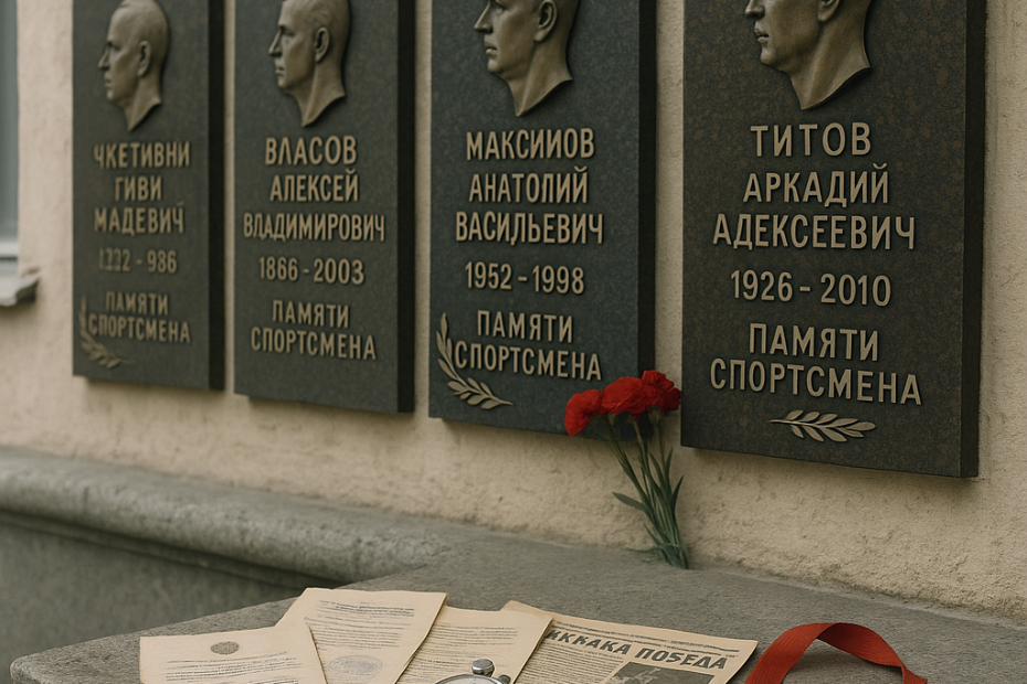 Фасад советской постройки в Кургане с рядом бронзовых и гранитных мемориальных досок спортсменам; на