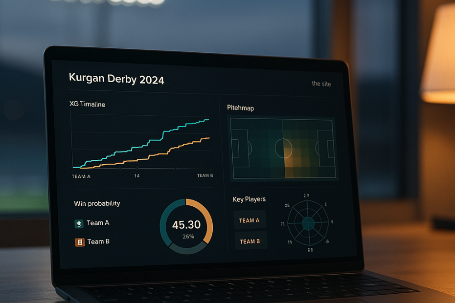 Laptop on a tidy desk shows Kurgan Derby 2024 football analytics with xG, heatmap,