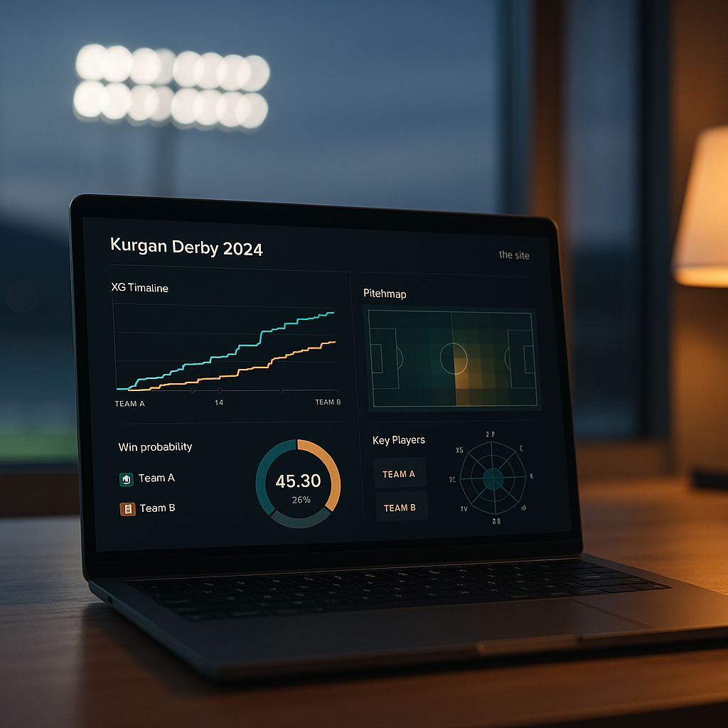 Laptop on a tidy desk shows Kurgan Derby 2024 football analytics with xG, heatmap,