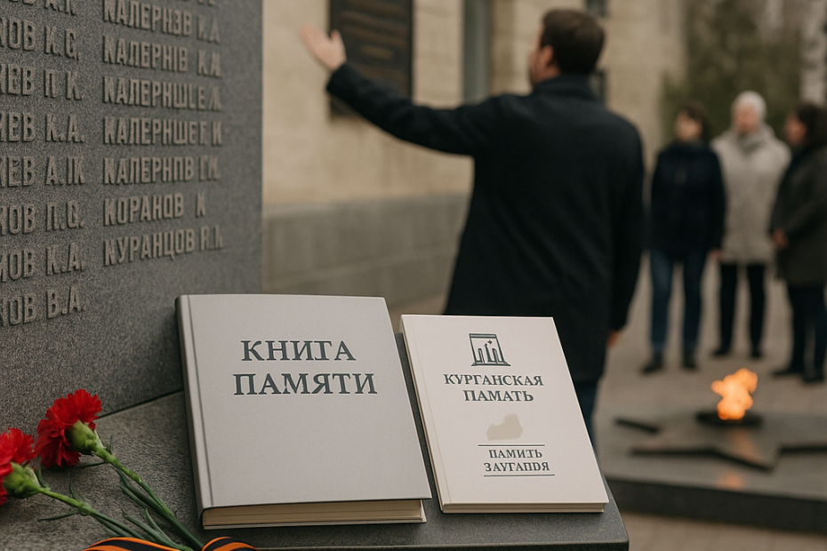 Фотография: в Кургане у мемориальной стены с вырезанными по-русски именами лежат гвоздики и георгиевская