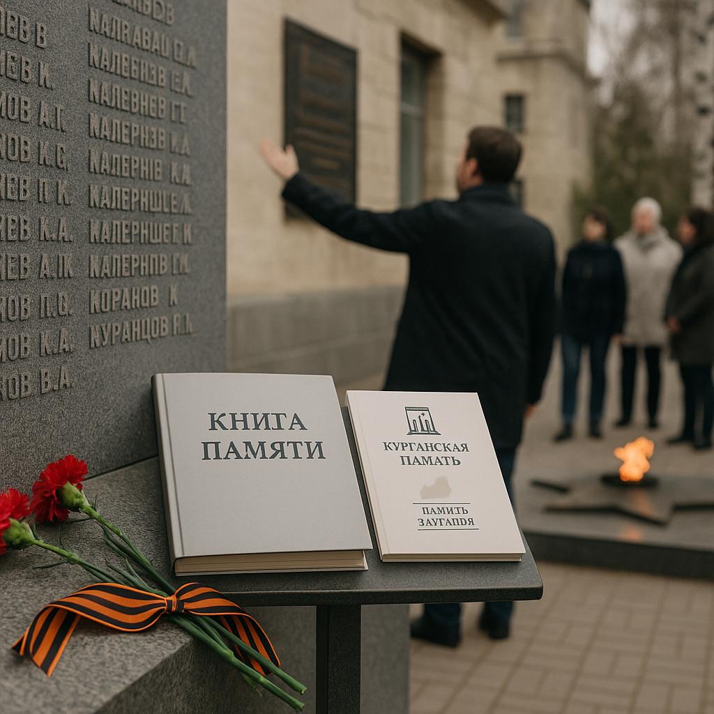 Фотография: в Кургане у мемориальной стены с вырезанными по-русски именами лежат гвоздики и георгиевская